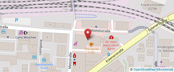 Kartenausschnitt OpenStreetMap mit Markierung der Bodensee-Sportklinik